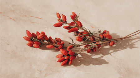 Delicate red flower stems resting on a soft neutral background, showcasing vibrant colors and natural beauty, perfect for artistic and decorative purposes.の素材