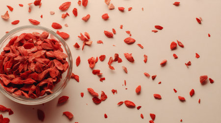 A clear bowl filled with vibrant red goji berries sits on a light background, surrounded by scattered pieces, perfect for promoting healthy living and nutritious recipes.の素材