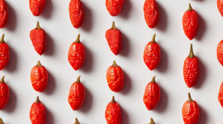 A visually striking arrangement of red chili peppers on a light background. This image serves as an ideal representation for culinary, food styling, and vibrant cooking themes.の素材