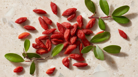 A beautifully arranged display of vibrant red goji berries accompanied by fresh green leaves, perfect for illustrating healthy eating and superfood concepts in culinary photography.の素材