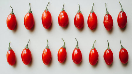 A vibrant display of fresh red cherry tomatoes arranged in a meticulous pattern against a light background, ideal for culinary projects, food blogs, and healthy diet themes.の素材