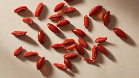 A beautiful arrangement of dried goji berries on a neutral background, showcasing their vibrant red hue. Ideal for concepts of healthy eating and nutritional wellness.の素材