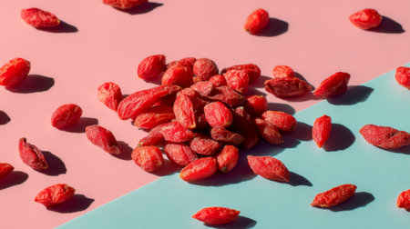 A close-up view of vibrant goji berries arranged on a colorful background. The natural light highlights the texture and color of the dried fruit, offering a fresh aesthetic.の素材