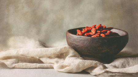 A rustic bowl filled with vibrant goji berries sits on a soft cloth, creating an inviting and natural setting that promotes a healthy, organic lifestyle.の素材