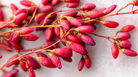 A stunning close-up of vibrant red berry clusters showcases the intricate details and textures of nature. Ideal for food, health, and lifestyle themes.の素材