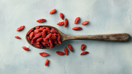 A close-up view of bright goji berries displayed in a wooden spoon resting on a lightly textured blue surface. Surrounding berries add to the appealing visual for healthy living.の素材