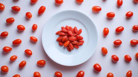 A captivating arrangement of fresh cherry tomatoes on a white plate, surrounded by vibrant red tomatoes. Ideal for healthy food concepts and culinary inspirations.の素材