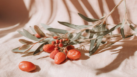 This image features bright red berries alongside delicate green leaves, artfully arranged on a soft fabric surface, creating a serene and minimalist visual experience.の素材
