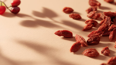 Explore the captivating details of dried goji berries scattered across a soft pastel background, showcasing their rich texture and vivid color, perfect for health-focused imagery.の素材