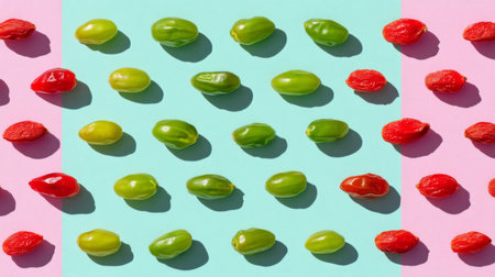 A visually striking arrangement of red and green tomatoes set against pastel backgrounds, perfect for fresh food concepts and culinary aesthetics in photography.の素材