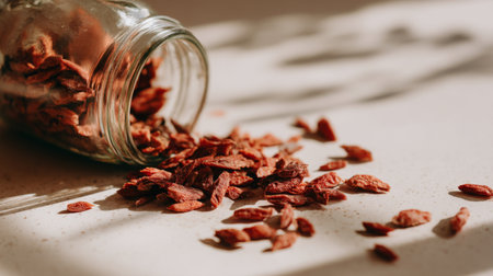 This image features vibrant goji berries spilling from a glass jar onto a sunlit surface, ideal for showcasing health food, nutrition, and wellness concepts in various contexts.の素材