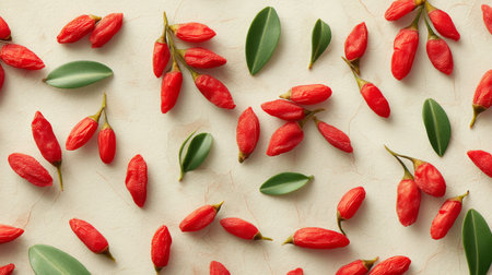 A vibrant display of red berries paired with lush green leaves on a neutral background, perfect for showcasing nature's beauty and culinary inspiration.の素材