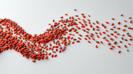 An artistic arrangement of vibrant red goji berries on a clean, light background, emphasizing their health benefits and appeal as a superfood and natural snack.の素材