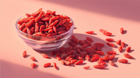 A clear bowl filled with fresh goji berries on a soft colorful background, perfect for showcasing healthy snacks, nutrition-focused recipes, and vibrant meal ideas.の素材