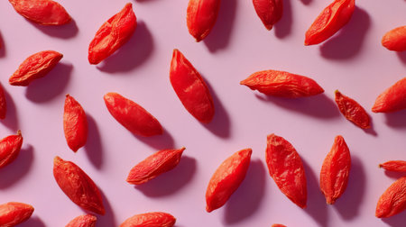 Close-up image featuring vibrant red goji berries scattered across a soft purple surface, perfect for highlighting healthy eating, food styling, and culinary innovations.の素材