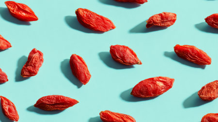 Bright red goji berries scattered artistically on a blue background, highlighting their rich texture and natural appeal for healthy living and culinary uses.の素材