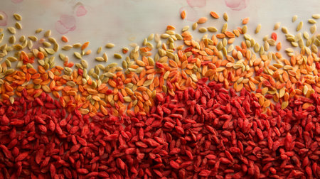 A vibrant assortment of seeds in shades of red, orange, and green arranged elegantly on a soft background, perfect for use in food-related projects and artistic expressions.の素材