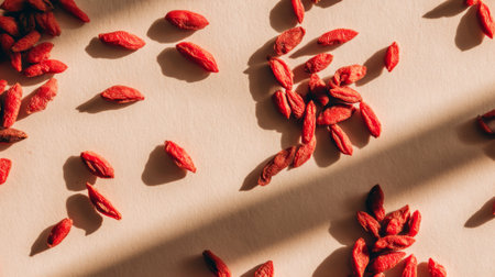 Vibrant goji berries scattered on a soft beige surface, casting beautiful shadows. Ideal for health, wellness, or dietary lifestyle themes showcasing nutrition.の素材