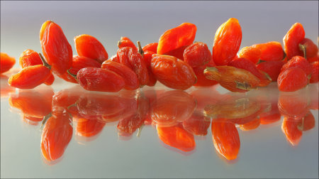 Bright red goji berries displayed on a smooth reflective surface, showcasing their vibrant colors and healthy appeal. Perfect for food photography and wellness themes.の素材