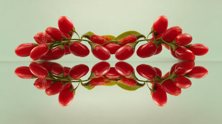 A stunning arrangement of fresh red fruits showcases vibrant colors and glossy texture. The minimalist background highlights the natural beauty and freshness beautifully.の素材