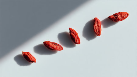 A vibrant display of dried goji berries arranged in a line on a light surface, emphasizing their rich color and unique textures, ideal for health-focused content.の素材