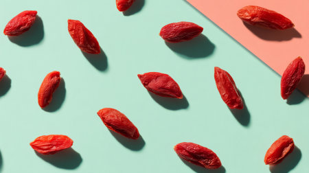 A visually appealing layout featuring goji berries scattered on a turquoise and coral background. This image emphasizes health and nutrition with vibrant colors, ideal for food-related themes.の素材