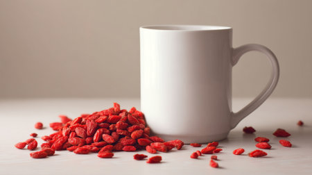 A white empty cup next to a pile of vibrant goji berries on a soft background, ideal for promoting health, nutrition, and lifestyle themes in various designs.の素材
