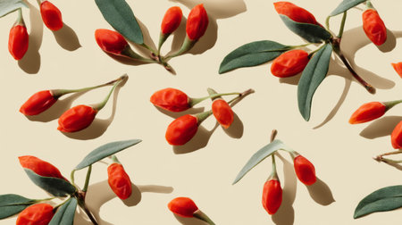 A visually striking composition featuring vibrant red goji berries paired with lush green leaves arranged on a soft beige background, ideal for health and food themes.の素材