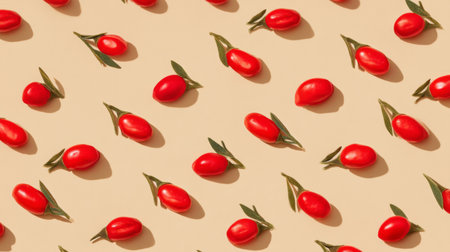 A visually striking arrangement of ripe red tomatoes set against a soft beige background, perfect for food photography, design projects, and culinary art displays.の素材