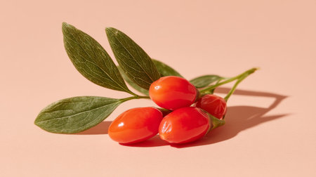 This image captures vibrant red berries paired with lush green leaves against a soft pink background, ideal for food, wellness, and lifestyle themes. Perfect for fresh and healthy concepts.の素材