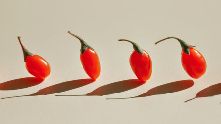 A striking arrangement of red chili peppers casting elongated shadows, beautifully highlighting their glossy surface and natural shape against a soft beige backdrop.の素材