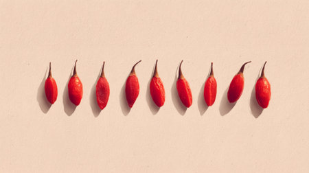 A stunning arrangement of fresh red goji berries on a soft pink background, showcasing their vibrant color and natural beauty, ideal for health and wellness themes.の素材