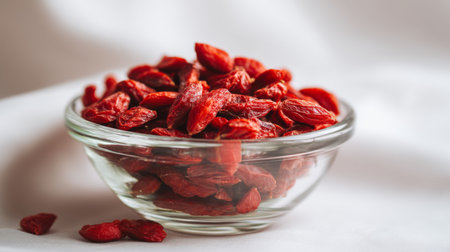 A vibrant close-up of goji berries displayed in a glass bowl, showcasing their rich color and texture, ideal for healthy eating, cooking, and wellness themes.の素材