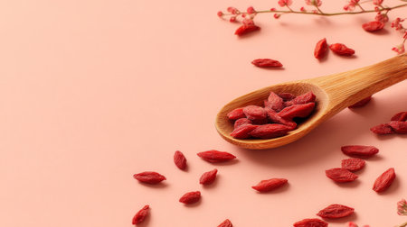A visually appealing arrangement showcasing goji berries in a wooden spoon against a soft pink backdrop, perfect for wellness or culinary themes in stock photography.の素材