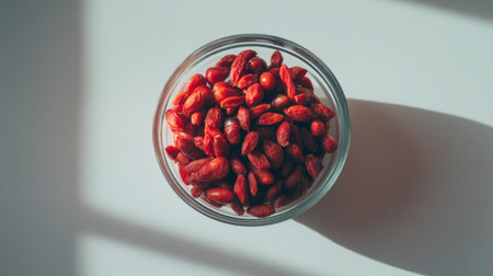 Bright red goji berries fill a glass bowl, casting soft shadows against a light background, illustrating healthy eating, nutrition, and superfood benefits.の素材
