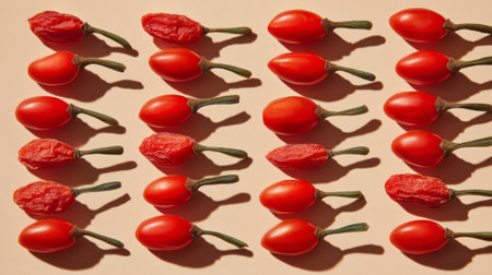 A captivating composition featuring fresh and dried red peppers arranged meticulously on a soft beige backdrop. Ideal for culinary inspiration and food photography.の素材