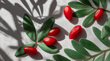 A captivating arrangement of bright red fruits nestled among lush green leaves, with soft shadows enhancing the scene's natural beauty and inviting freshness.の素材