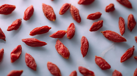 Close-up of vibrant red organic goji berries scattered on a white marble surface, emphasizing their health benefits and unique textures for culinary uses.の素材