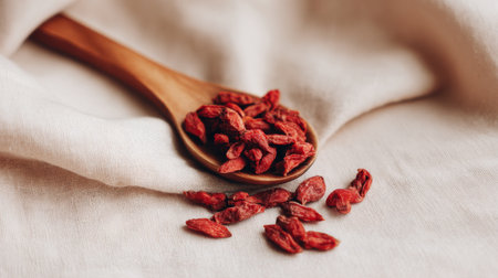 Bright red goji berries laid on a wooden spoon, resting on soft fabric. Perfect for health-focused projects, showcasing nutrition, vitality, and natural beauty.の素材