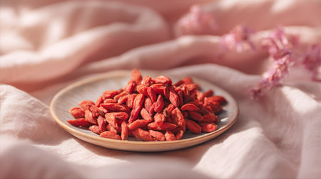 A stunning display of fresh goji berries on a soft fabric backdrop, highlighting their vibrant color and health benefits. Perfect for wellness-themed projects.の素材