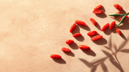 A beautiful arrangement of goji berries on a soft textured background, highlighting the vibrant red color and delicate shadows, complemented by a fresh green leaf.の素材