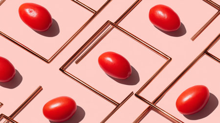 Vibrant red eggs are artistically placed within geometric frames against a soft pink backdrop, creating a striking visual for modern design and culinary themes.の素材