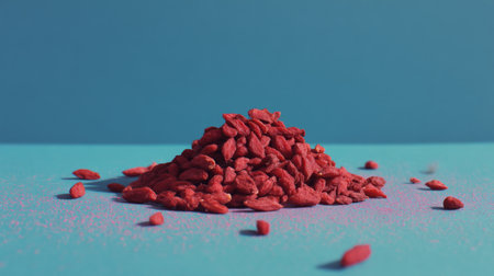 A close-up view of bright red goji berries piled on a teal surface, showcasing a vibrant and healthy snack option for nutrition-focused diets and wellness lifestyles.の素材
