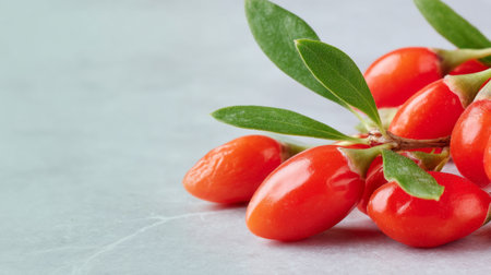 A captivating image of fresh goji berries with bright green leaves resting on a light marble surface, perfect for promoting healthy eating and vibrant nutrition.の素材