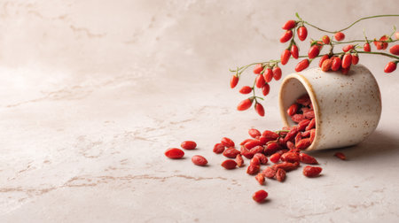 Goji berries spill elegantly from a ceramic pot onto a textured background, showcasing vibrant colors and inviting textures for healthy and organic food visuals.の素材