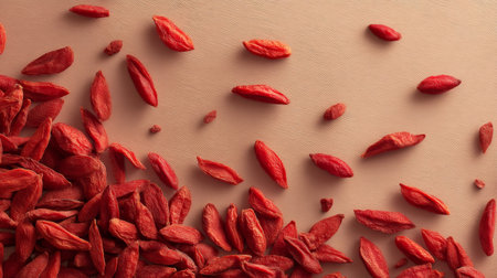 This image features a beautiful arrangement of vibrant goji berries scattered over a soft beige surface. The rich color and texture highlight their appeal as a nutritious superfood.の素材