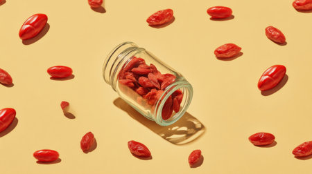 A glass jar spills vibrant red goji berries on a sunny yellow background, showcasing the nutritious superfood that promotes health and wellness with its vibrant color.の素材