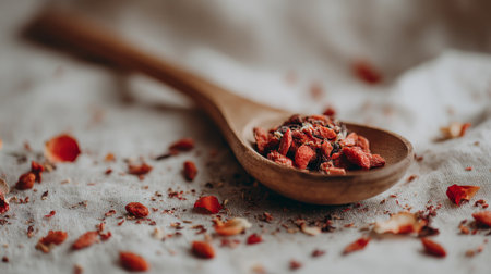 This close-up image showcases goji berries in a wooden spoon, set against a textured background with flower petals, embodying a natural and organic lifestyle.の素材