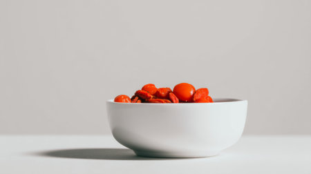 A minimalistic view of a white bowl containing bright orange goji berries, showcasing a healthy snack option perfect for wellness and nutrition-focused photography.の素材