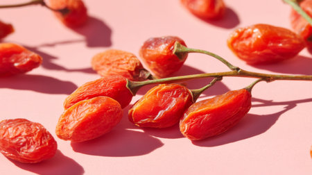 A stunning arrangement of vibrant red dried berry fruits captures the essence of nature. Ideal for culinary projects, decor, or creative photography with a soft pink background.の素材